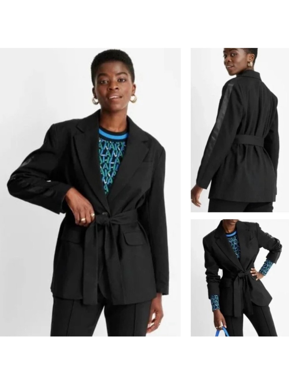 Belted Black Notch-Lapel Blazer Jacket - Women